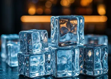 Cubes de glace alimentaire transparents et brillants, empilés les uns sur les autres
