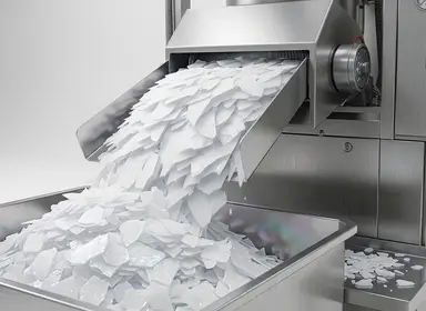 Glace en écailles blanche s'écoulant d'une machine à glace professionnelle
